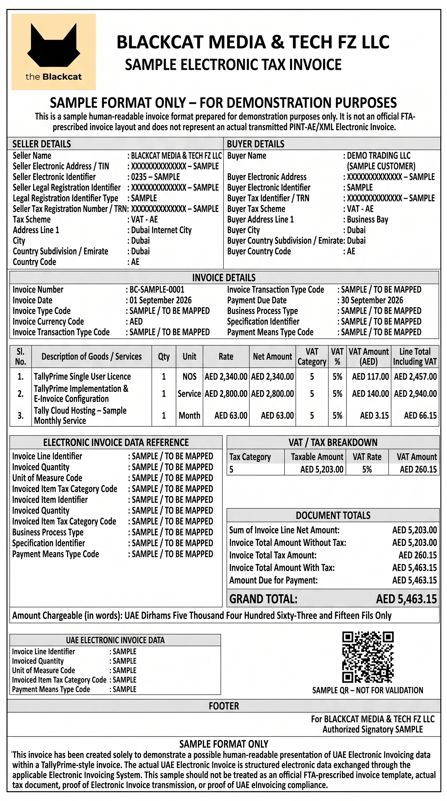 BlackCat sample electronic tax invoice showing seller and buyer details, invoice lines, VAT breakdown and totals. Sample format only, for demonstration purposes.